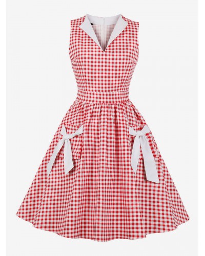 Barbie Pink Gingham Dress V-Neck 1950s Audrey Hepburn Sleeveless Plaid Swing Dress Bodycon Retro Spring Summer Fall