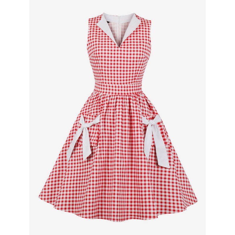 Barbie Pink Gingham Dress V-Neck 1950s Audrey Hepburn Sleeveless Plaid Swing Dress Bodycon Retro Spring Summer Fall