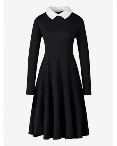 Women Vintage Dress 1950s Audrey Hepburn Style Turndown Collar Long Sleeves Rockabilly Dress Retro Spring Fall Winter