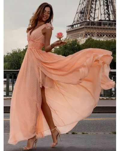 Dresses Pink V-Neck Pleated Sleeveless Backless Semi Formal Dress Maxi Beach Party Resort Wear