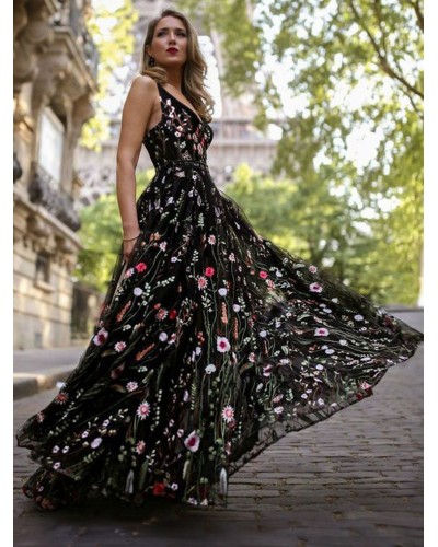 Black Dress V Neck Sleeveless Flower Embroidered Tulle Party Long Warp Dress Maxi Summer