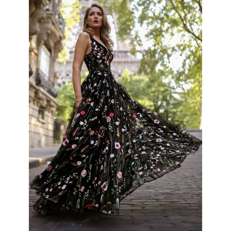 Black Dress V Neck Sleeveless Flower Embroidered Tulle Party Long Warp Dress Maxi Summer