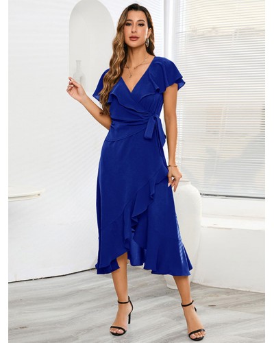 Summer Dress Midi Dress Blue V-Neck Ruffles Beach Dress Sexy Elegant Party Resort Wear