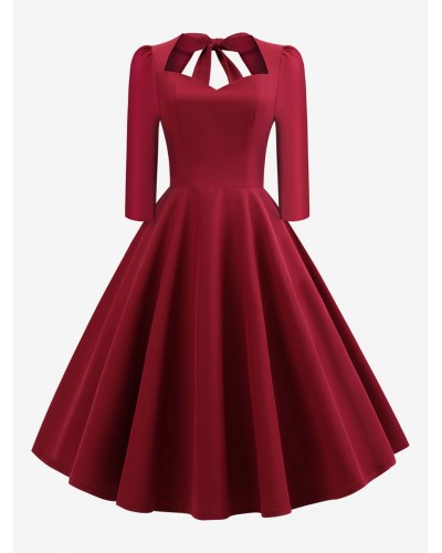 Dress 1950s Audrey Hepburn Style Sweetheart Neck Backless 3/4 Length Sleeves Rockabilly Dress Vintage Retro Fall