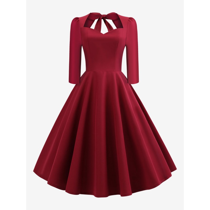 Dress 1950s Audrey Hepburn Style Sweetheart Neck Backless 3/4 Length Sleeves Rockabilly Dress Vintage Retro Fall