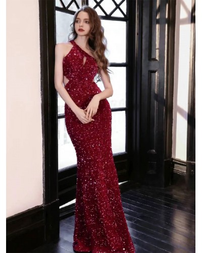 Women Party Dresses Burgundy Asymmetrical Neck Sequins Sleeveless Semi Formal Dress Sexy Spring Summer Fall