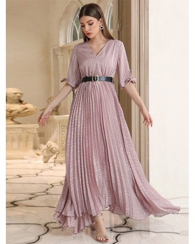 Women Maxi Dress V-Neck Half Sleeves Chiffon Long Prom Dress Elegant Spring Fall