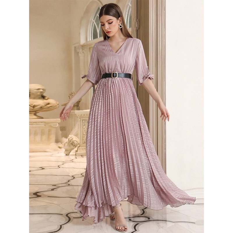 Women Maxi Dress V-Neck Half Sleeves Chiffon Long Prom Dress Elegant Spring Fall