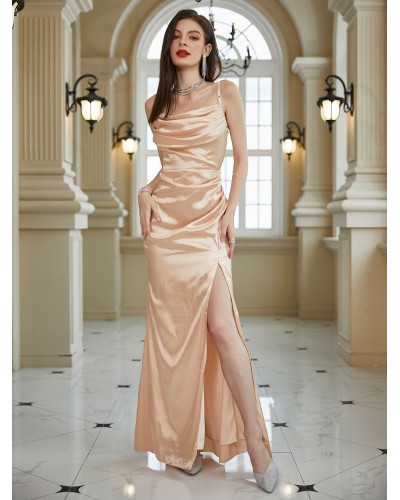 Women Party Dresses Champagne Cowl Neck Pleated Sleeveless Semi Formal Dress Sexy Spring Summer Fall