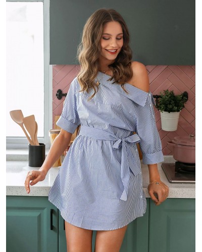 Shirt Dress Baby Blue One-Shoulder Lace Up Half Sleeves Stripes Dresses Mini Street Wear