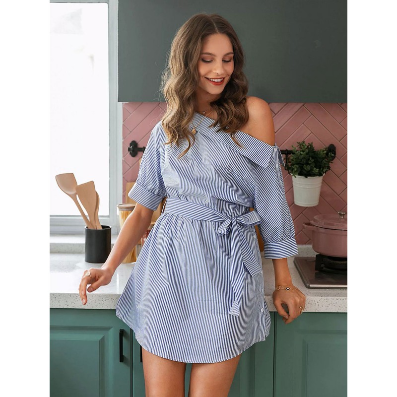 Shirt Dress Baby Blue One-Shoulder Lace Up Half Sleeves Stripes Dresses Mini Street Wear