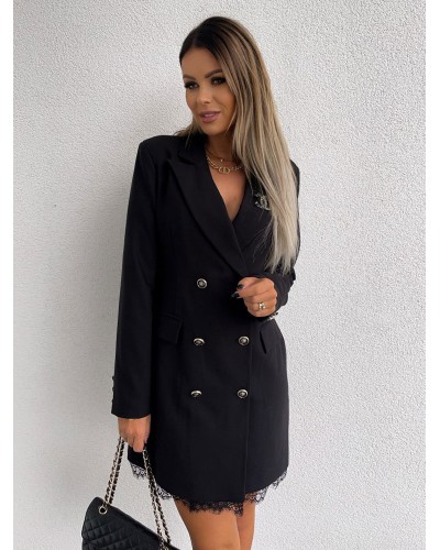 Women Blazer Dress Double Breasted Solid Color Lace Hem Relaxed Fit Casual Outerwear Classic  Traditional Spring Fall Winter Office  Career