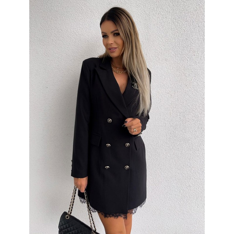 Women Blazer Dress Double Breasted Solid Color Lace Hem Relaxed Fit Casual Outerwear Classic  Traditional Spring Fall Winter Office  Career