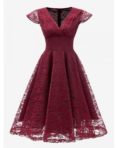 1950s Dress V-Neck Short Sleeves Burgundy Medium Rockabilly Dress Sexy Retro Classic  Traditional Casual Spring Summer