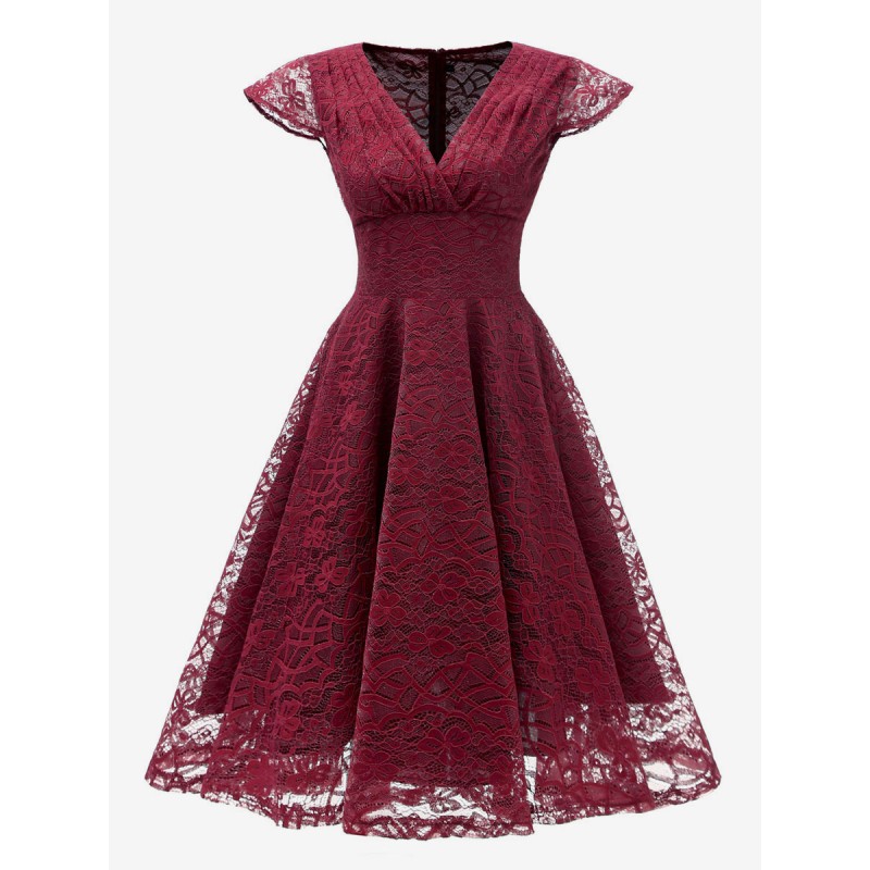 1950s Dress V-Neck Short Sleeves Burgundy Medium Rockabilly Dress Sexy Retro Classic  Traditional Casual Spring Summer