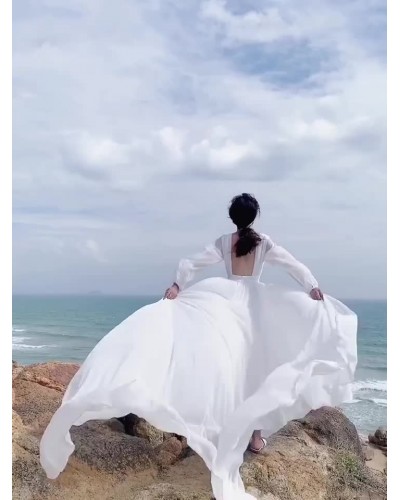 Women White Maxi Dress Chiffon Backless Long Sleeve Beach Wedding Dress Bohemian Fall