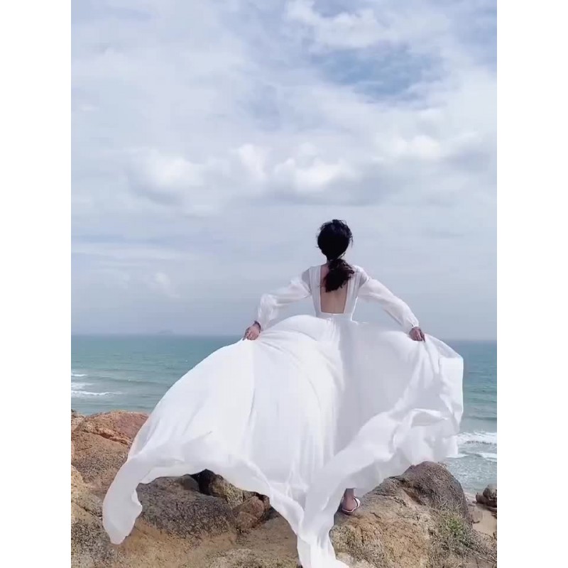 Women White Maxi Dress Chiffon Backless Long Sleeve Beach Wedding Dress Bohemian Fall