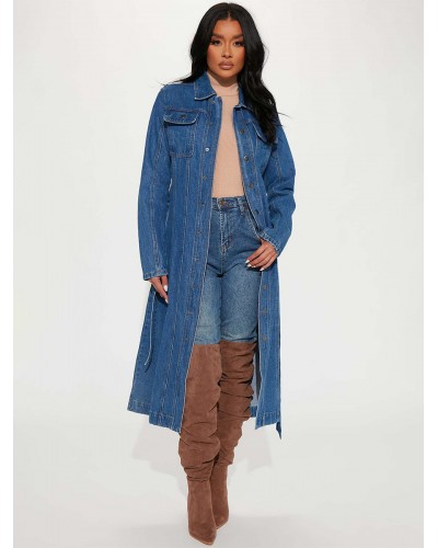 Women Trench Coat For Woman Practical Buttons Turndown Collar Long Sleeves Denim Front Button Trench Coats Fall Winter Street Wear Daily Casual Field