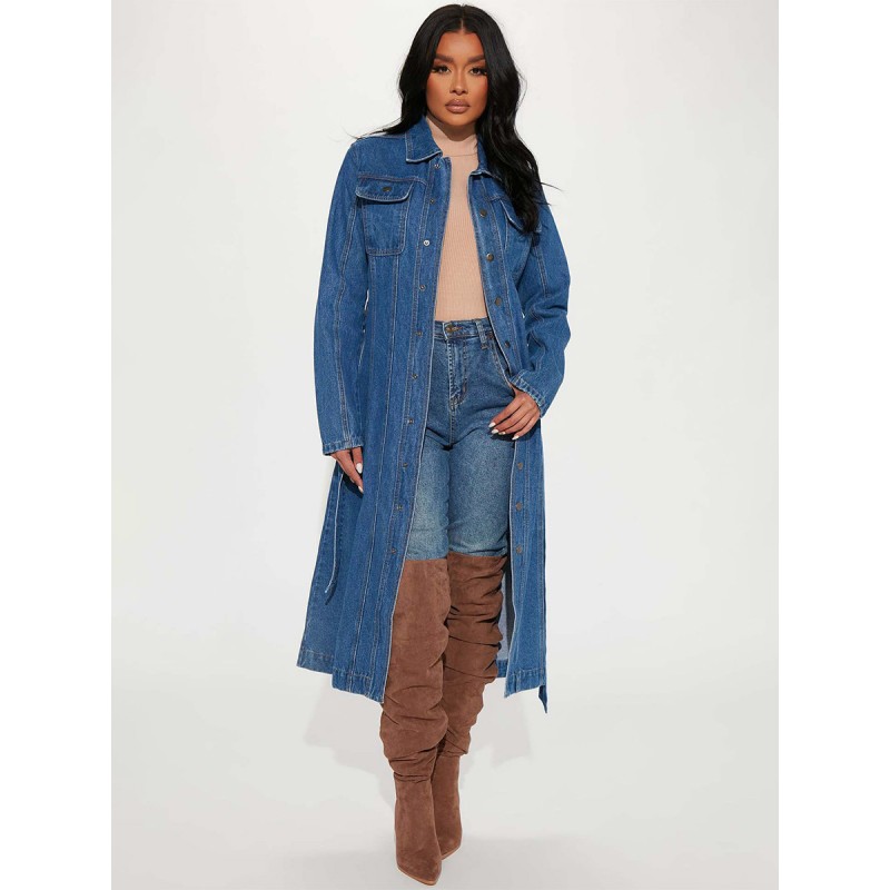 Women Trench Coat For Woman Practical Buttons Turndown Collar Long Sleeves Denim Front Button Trench Coats Fall Winter Street Wear Daily Casual Field