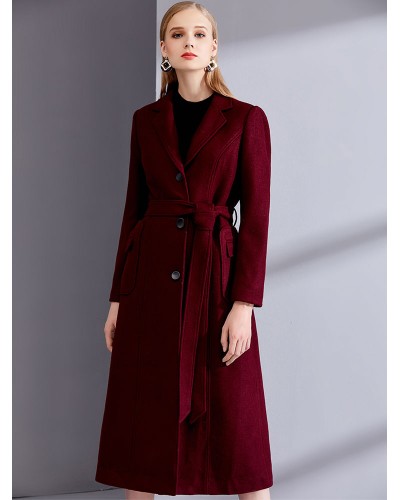 Wool Wrap Coats Burgundy Notch Collar Winter Outerwear For Women Comfy