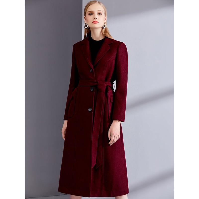 Wool Wrap Coats Burgundy Notch Collar Winter Outerwear For Women Comfy