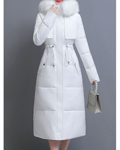 Women Long Puffer Coats White Hooded Cotton Outerwear Casual Winter Street Wear