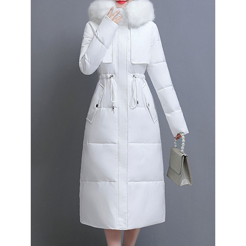 Women Long Puffer Coats White Hooded Cotton Outerwear Casual Winter Street Wear