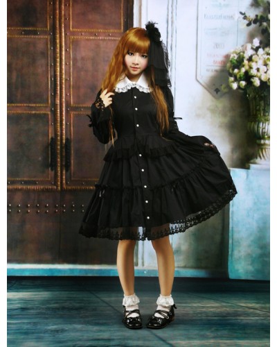 Black Cotton Lolita OP Dress Long Sleeves Round Collar Lace Trim Fall Daily Casual