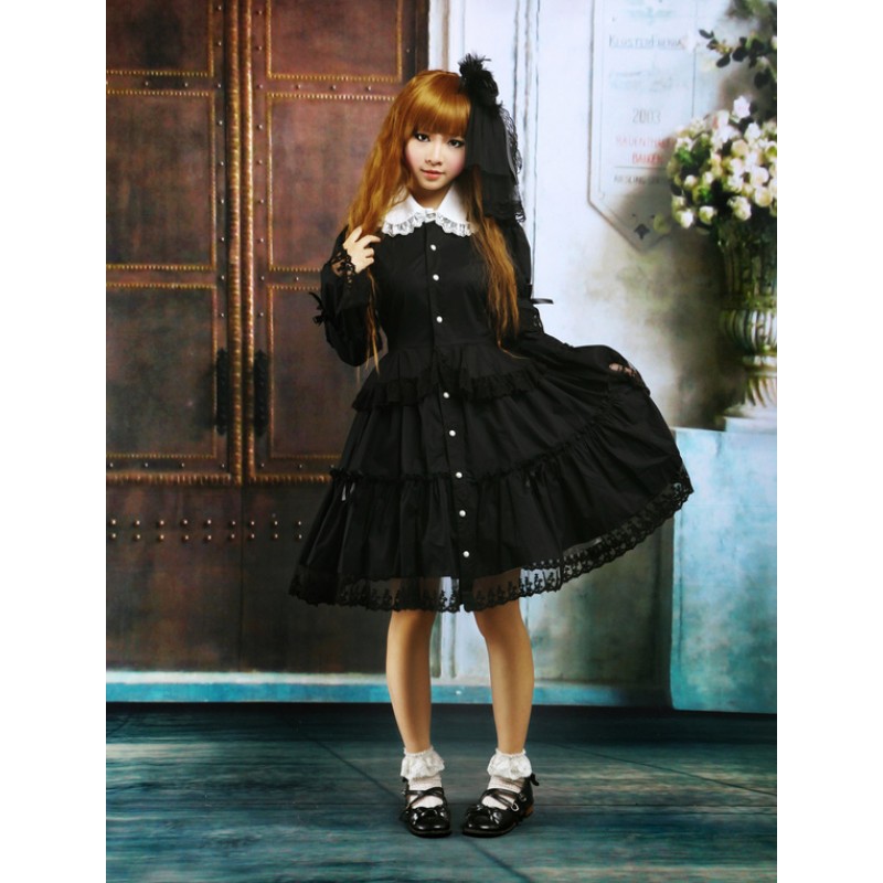 Black Cotton Lolita OP Dress Long Sleeves Round Collar Lace Trim Fall Daily Casual