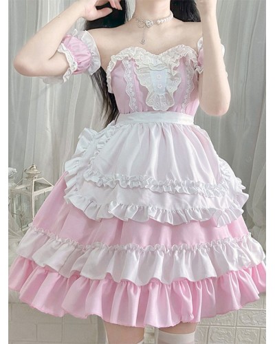 Sweet Lolita Dress Polyester Short Sleeves Ruffles Dress