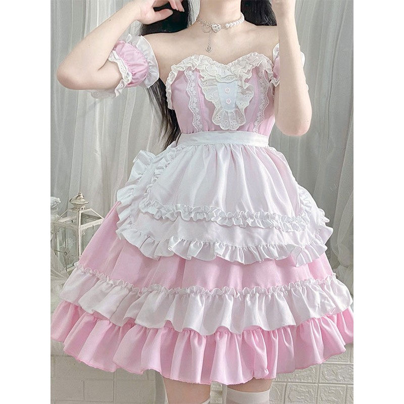 Sweet Lolita Dress Polyester Short Sleeves Ruffles Dress