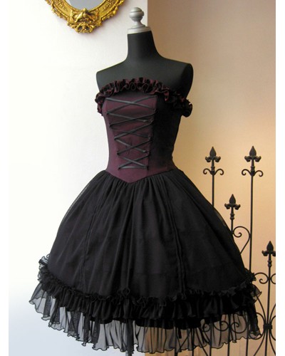 Gothic Lolita JSK Dress Black Red Sleeveless Lace Up Ruffles Lolita Jumper Skirts