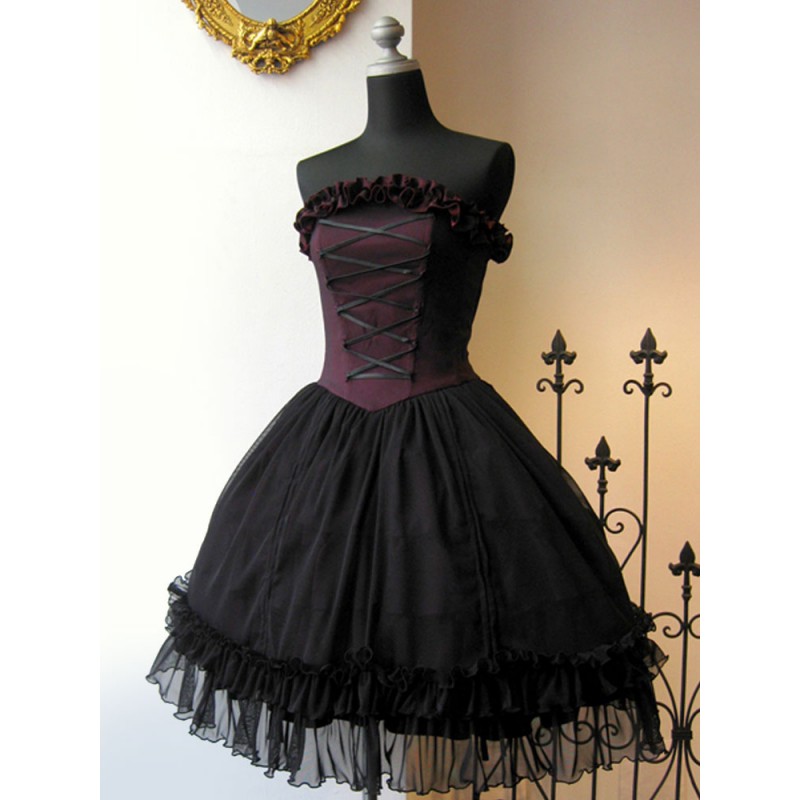 Gothic Lolita JSK Dress Black Red Sleeveless Lace Up Ruffles Lolita Jumper Skirts