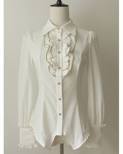 White Ruched Cotton Chic Lolita Shirt For Women Blouses Lovely Street Wear