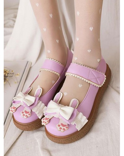 Sweet Lolita Footwear White Bows PU Leather Flat Lolita Pumps Shoes