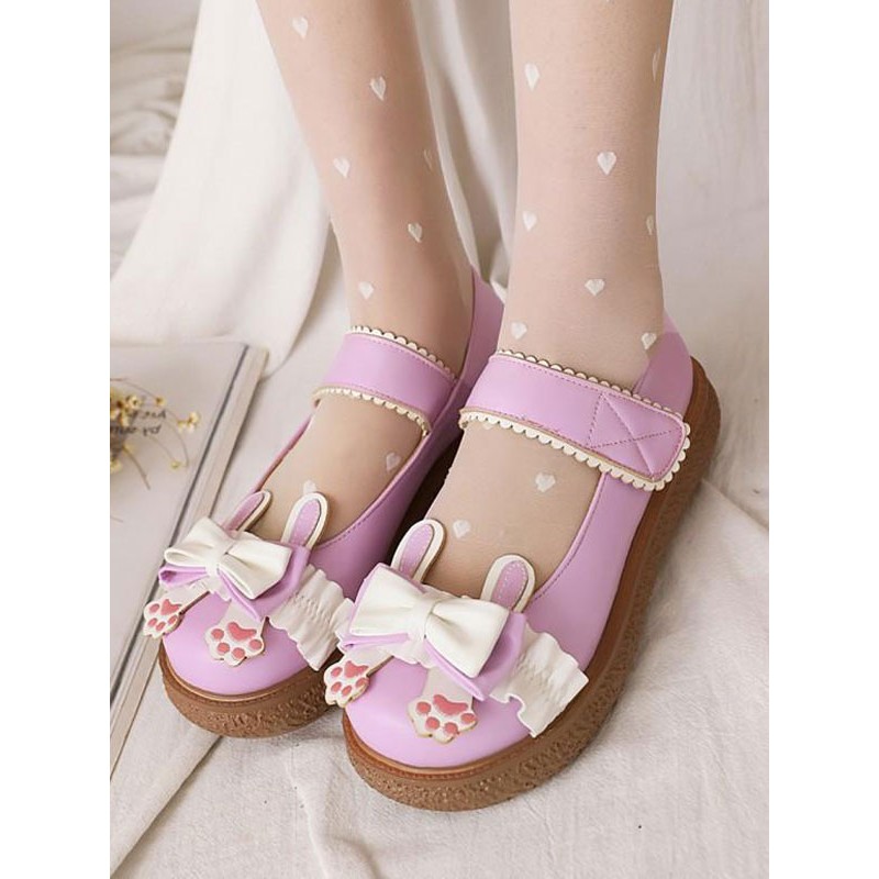 Sweet Lolita Footwear White Bows PU Leather Flat Lolita Pumps Shoes