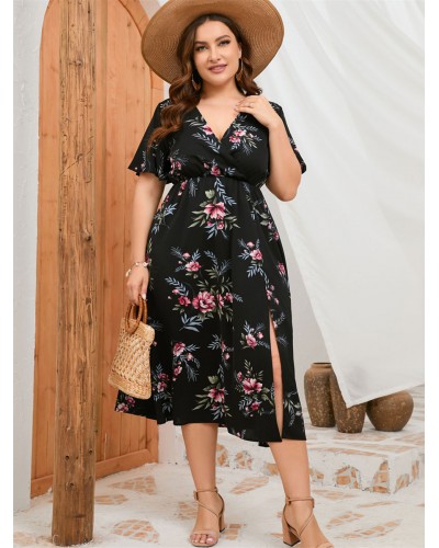 Women Plus Size Dress V-Neck Short Sleeves Floral Print High-slit Medium One Piece Dress Summer