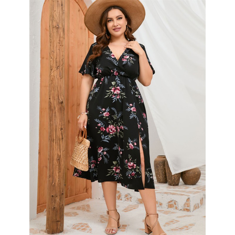 Women Plus Size Dress V-Neck Short Sleeves Floral Print High-slit Medium One Piece Dress Summer