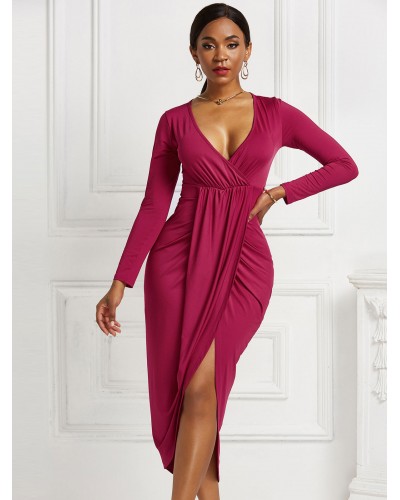 Bodycon Dress Dark Red V-Neck Pleated High Low Design Casual Long Sleeves Pencil Wrap Dresses Maxi Dating