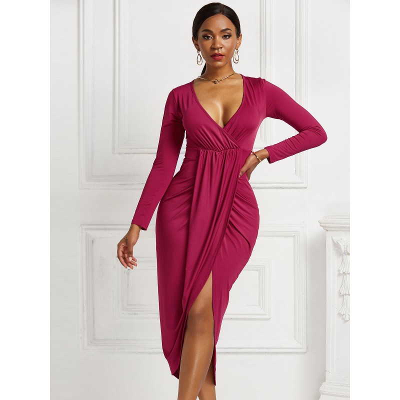 Bodycon Dress Dark Red V-Neck Pleated High Low Design Casual Long Sleeves Pencil Wrap Dresses Maxi Dating