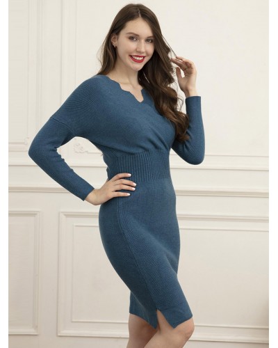 Women Knitted Dress Open Shoulder Bateau Neck Long Sleeves Dresses Bodycon Spring Fall Winter