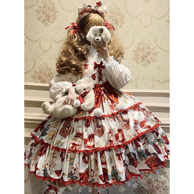 Sweet Lolita JSK Dress Polyester Sleeveless Bows Lace Up Red Sweet Lolita Jumper Skirt