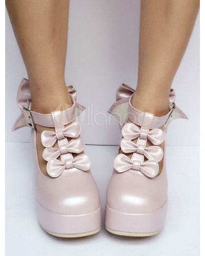 Sweet Lolita Shoes Pearl Pink Bow Platform Round Toe Lolita Pumps