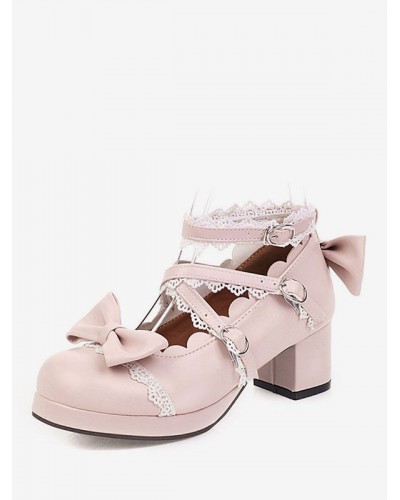 Sweet Lolita Footwear Pink Bow Ruffles Round Toe Leather Lolita Shoes Daily Casual