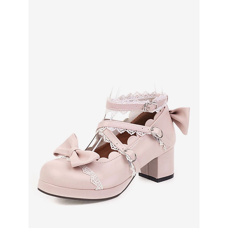 Sweet Lolita Footwear Pink Bow Ruffles Round Toe Leather Lolita Shoes Daily Casual