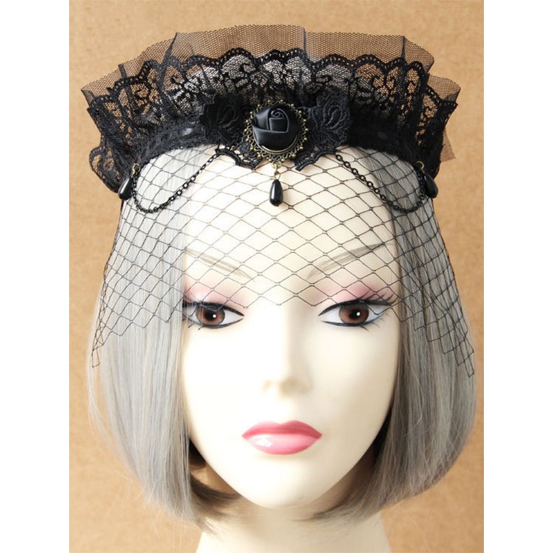 Gothic Lolita Jewelry Lace Jewel Metallic Chain Black Lolita Headdress