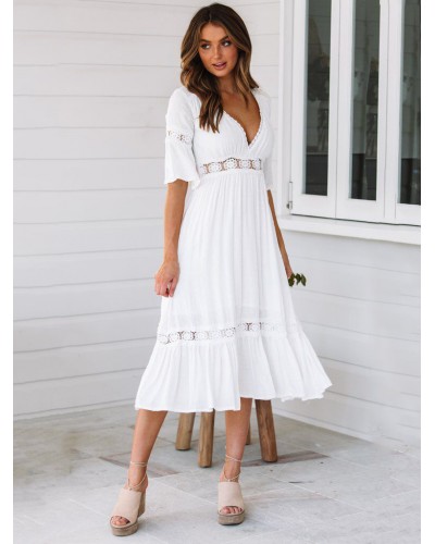 White Long Dress V Neck Cut Out Lace Insert Cotton Maxi Dresses Elegant Beach Resort Wear