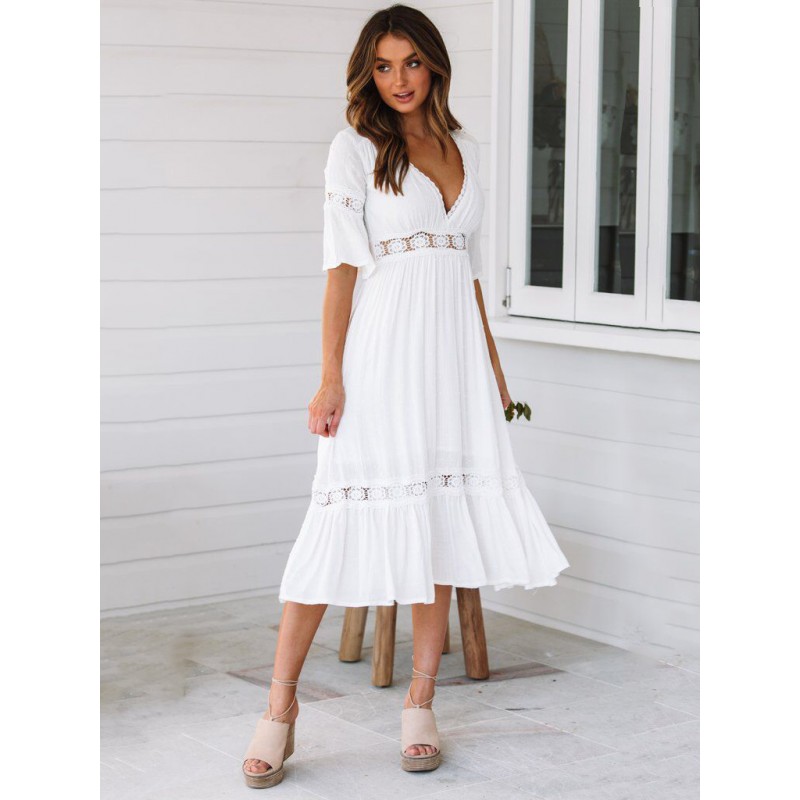 White Long Dress V Neck Cut Out Lace Insert Cotton Maxi Dresses Elegant Beach Resort Wear