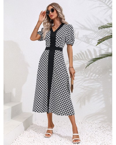 Women Midi Dress Black V-Neck Split Front Geometric Beach Dress Spring Summer