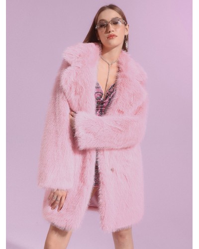 Faux Fur Coats Pink Long Sleeves Oversized Front Button Winter Outerwear Faux Fur Coat